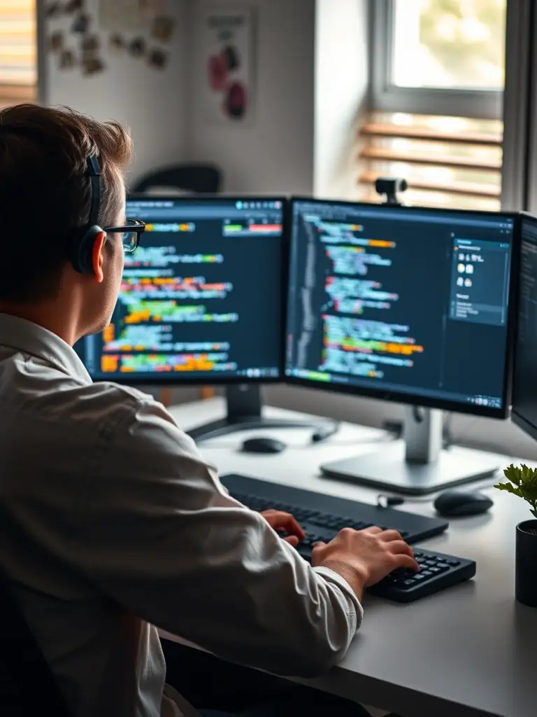 A developer is writing code for a custom web application on a computer, showcasing the creation of tailored solutions.