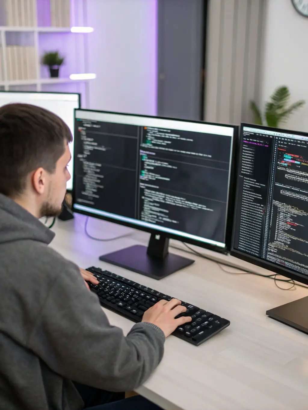A developer is writing code for a custom web application on a computer screen, showcasing the creation of tailored digital solutions.
