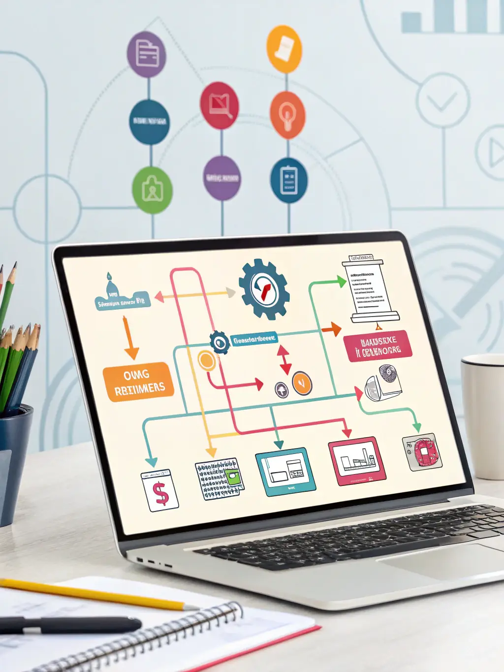 An automated workflow diagram illustrating the steps in a business process being executed automatically by software.
